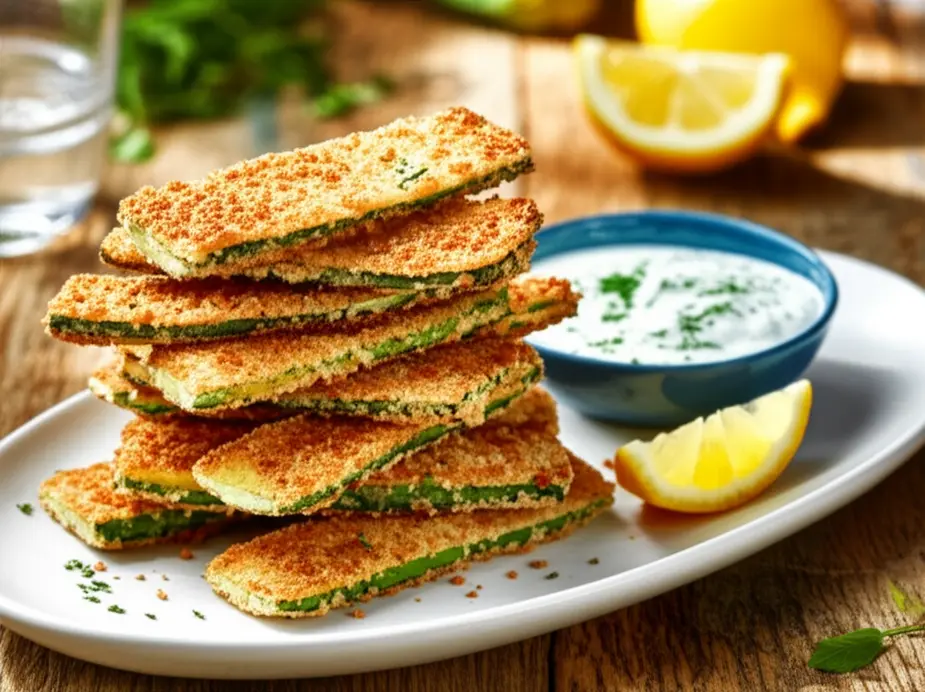 Prato com fatias de abobrinha empanada e dourada, tigela de molho de ervas e gomos de limão sobre mesa de madeira.
