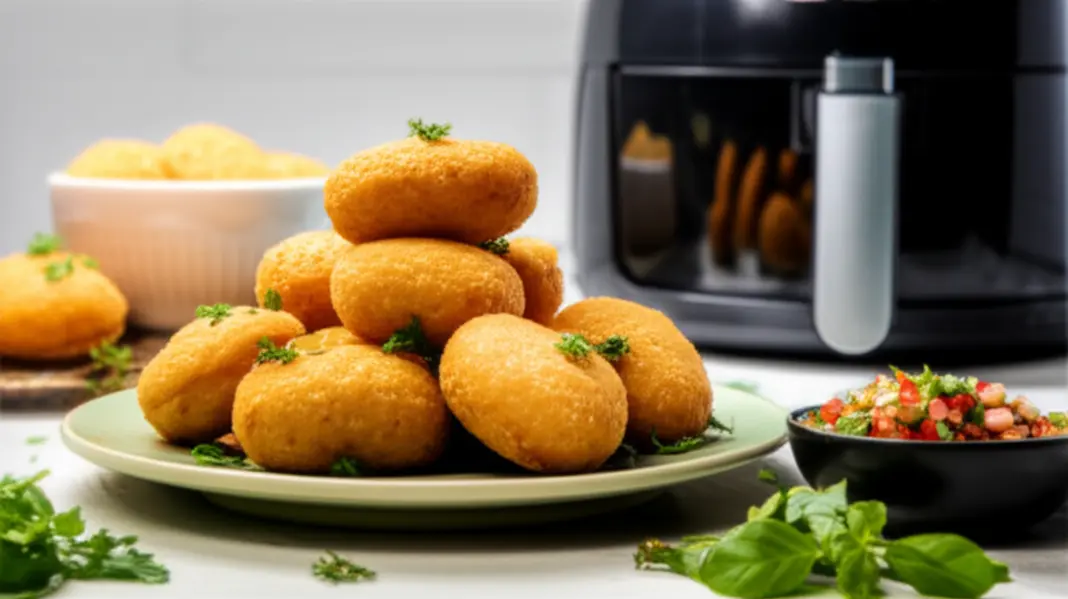 Prato de bolinhos caipira dourados com um potinho de molho e uma airfryer ao fundo.
