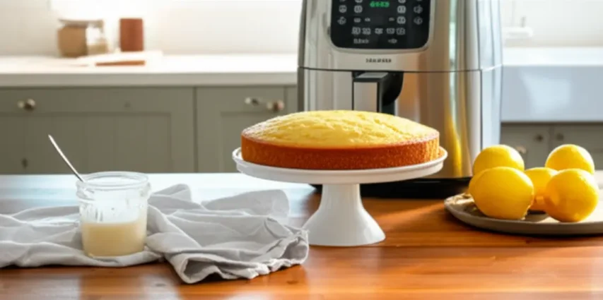 Bolo de limão sobre prato de bolo ao lado de uma Airfryer em bancada de cozinha