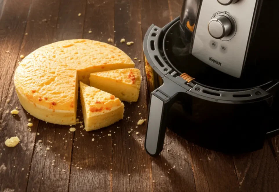 Bolo pão de queijo cortado ao lado da Airfryer aberta em uma mesa rústica.