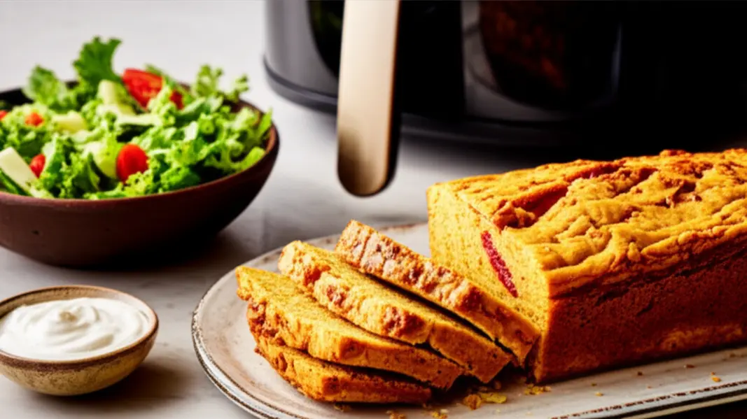 Bolo salgado fatiado em um prato ao lado da Airfryer com acompanhamentos.