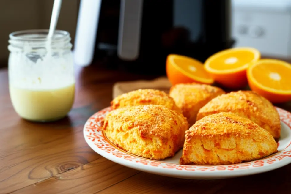 Prato com broas de laranja na mesa de madeira com airfryer ao fundo e laranjas fatiadas