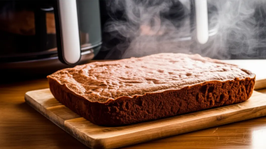 Brownie salgado recém-assado ao lado de uma air fryer em bancada de cozinha