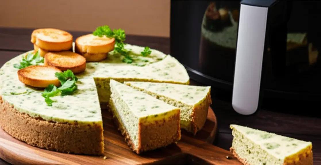Cheesecake salgado inteiro em tábua de madeira com fatias e ervas, airfryer ao fundo.