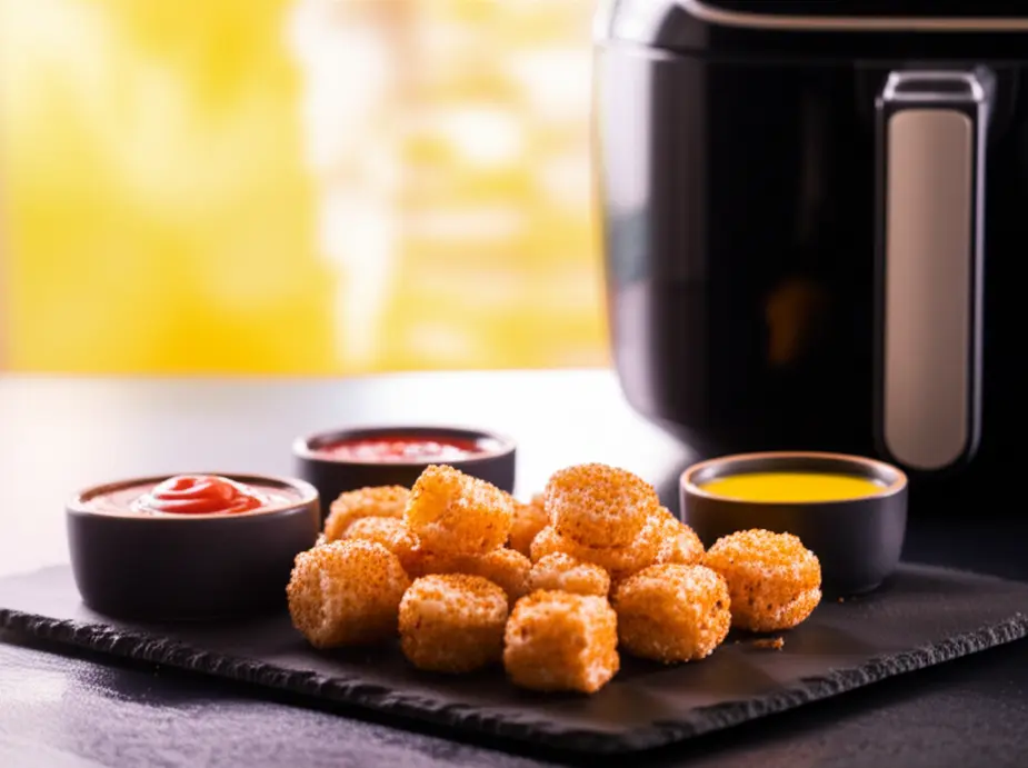 Dadinhos de tapioca dourados sobre tábua com molhos coloridos e air fryer ao fundo.