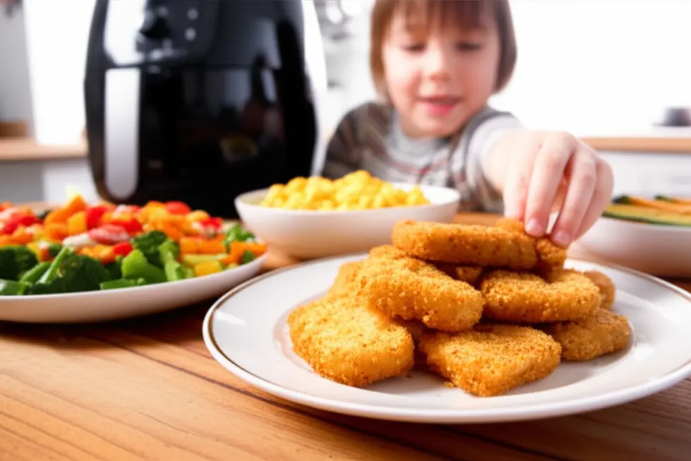 Prato com nuggets de peixe crocantes, criança pegando um nugget e Airfryer ao fundo.