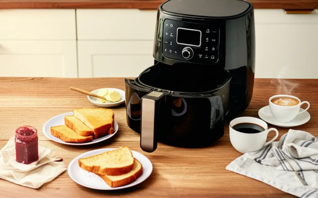 Cena de café da manhã com pães de minuto ao lado de uma air fryer sobre mesa de madeira