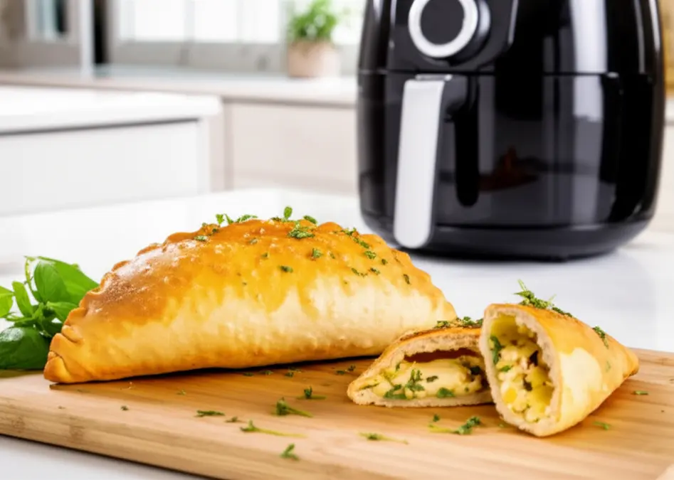 Pastel de forno dourado cortado ao meio mostrando recheio, ao lado de uma air fryer em bancada de cozinha.