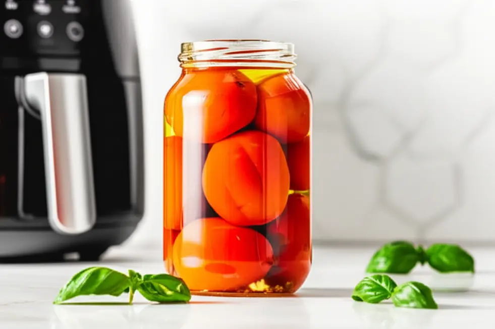Frasco de vidro com tomates pelados em azeite ao lado de uma airfryer sobre bancada de cozinha.
