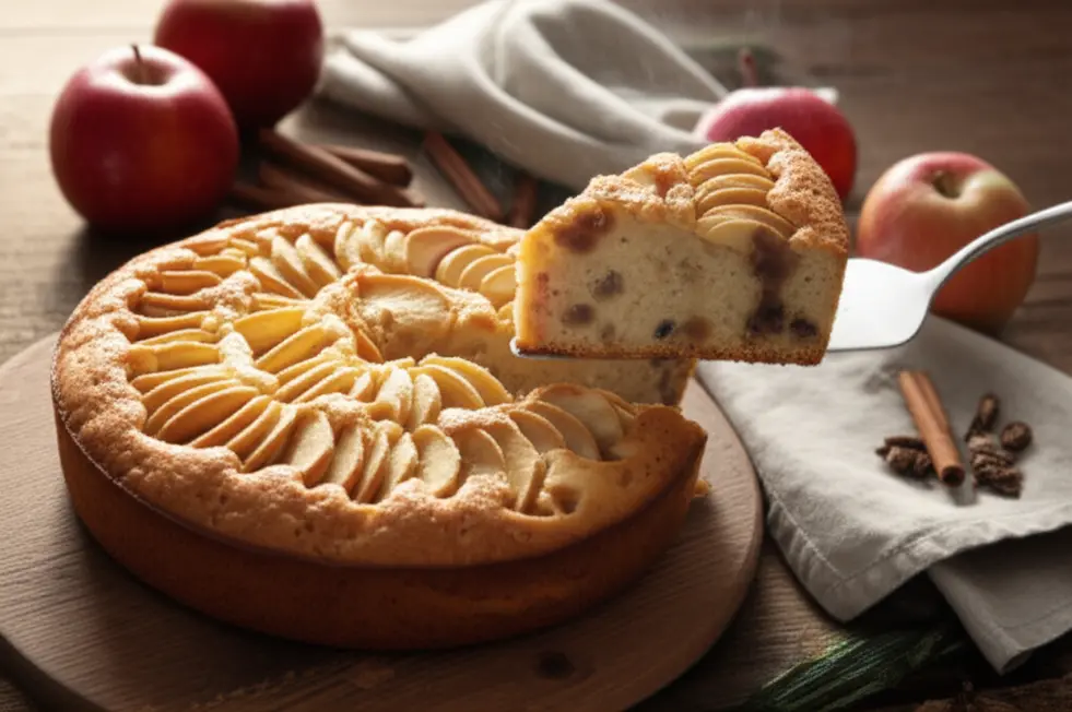 Bolo de maçã e passas quente em uma mesa rústica, com fatia sendo servida e elementos como maçãs e canela ao redor.
