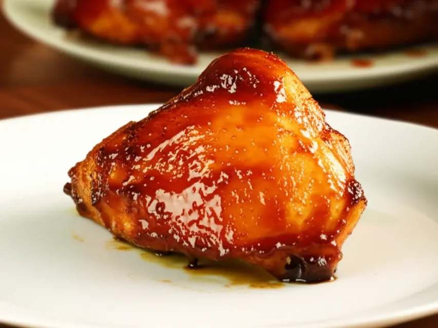 Frango ao barbecue dourado em um prato, tirado da airfryer, apresentação apetitosa