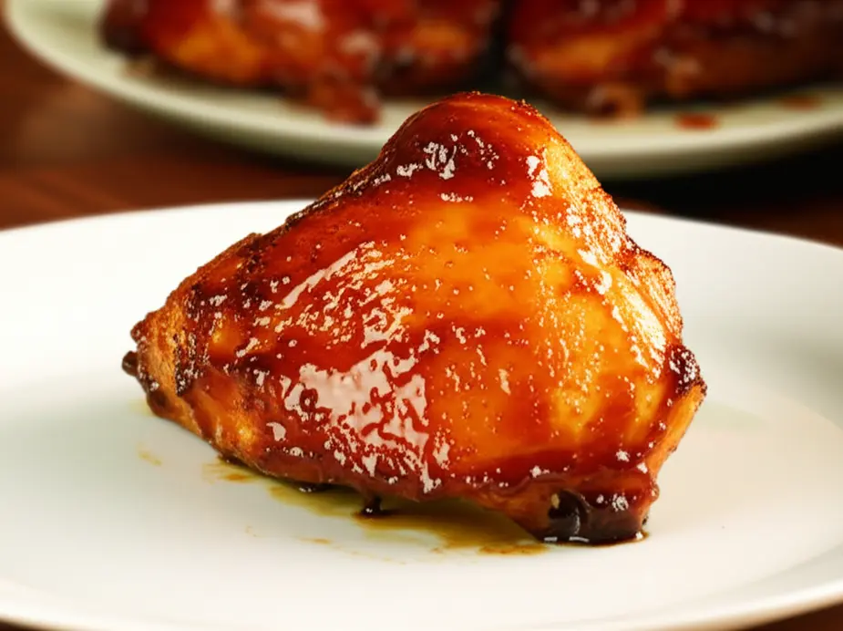 Frango ao barbecue dourado em um prato, tirado da airfryer, apresentação apetitosa
