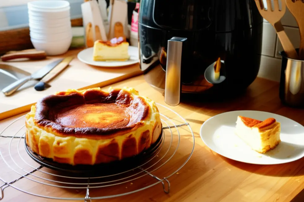 Cheesecake basco em uma grade de resfriamento com airfryer ao fundo sobre bancada de cozinha.