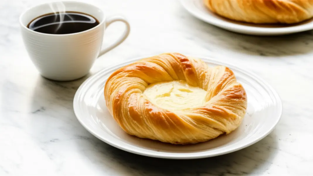 Prato com Cheese Danish dourados ao lado de uma xícara de café em uma mesa de cozinha