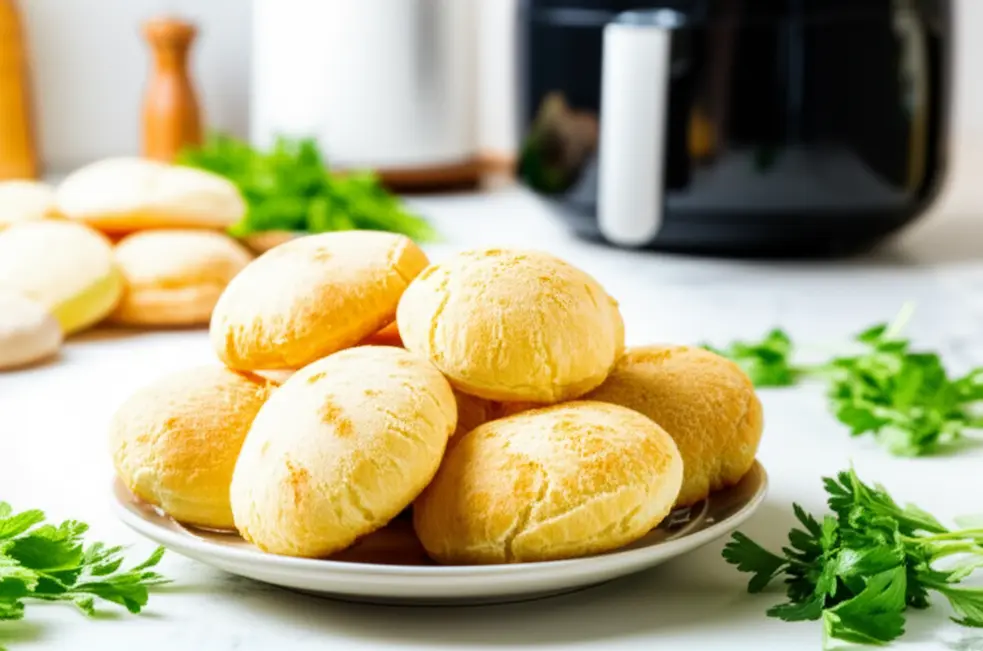 Prato com chipas douradas em balcão de cozinha ao lado de air fryer