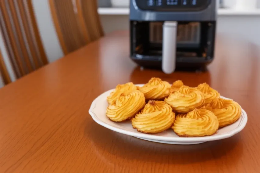 Mesa com prato de batatas duchesse douradas e air fryer ao fundo em cozinha ensolarada.