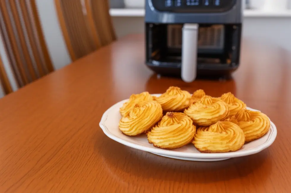 Mesa com prato de batatas duchesse douradas e air fryer ao fundo em cozinha ensolarada.