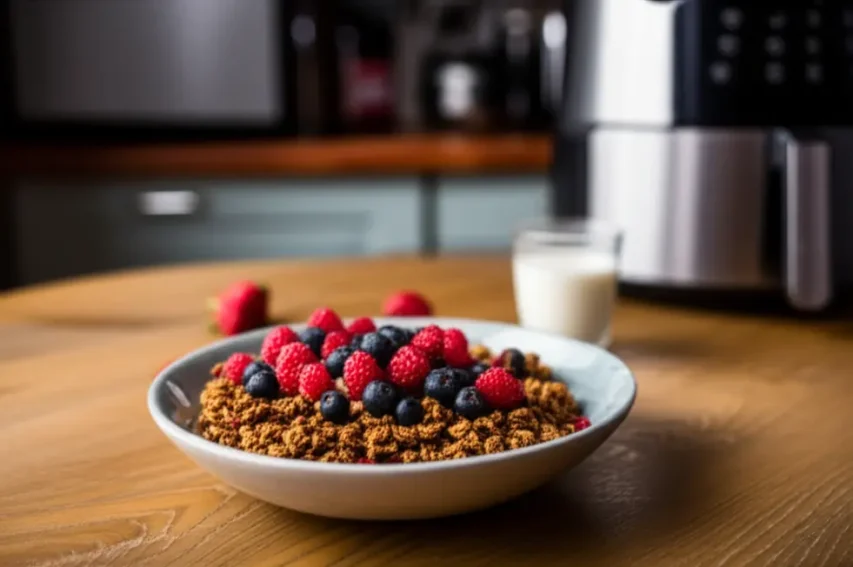 Bowl de granola caseira com frutas frescas sobre mesa de madeira e air fryer ao fundo.
