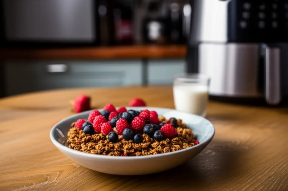 Bowl de granola caseira com frutas frescas sobre mesa de madeira e air fryer ao fundo.