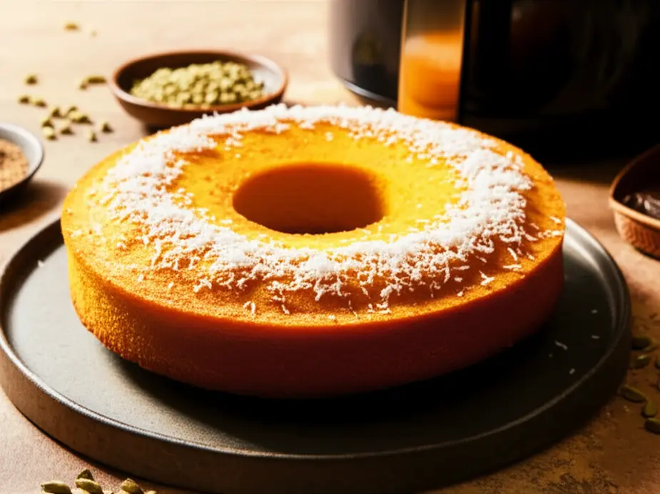 Bolo Indiano dourado ao lado da airfryer em bancada de cozinha