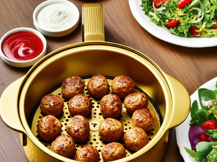 Cesta de Airfryer com almôndegas douradas acompanhada de salada e molhos em um prato.