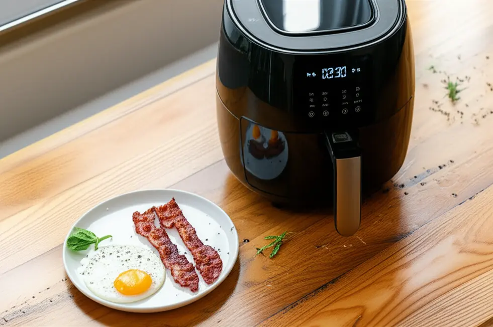 Prato com bacon crocante e ovo com gema brilhante ao lado de uma air fryer sobre bancada de cozinha.