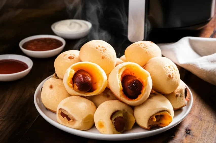 Prato com pães de queijo recheados com linguiça ao lado de uma airfryer sobre mesa de madeira.