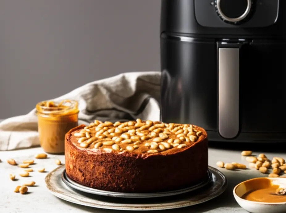 Bolo de amendoim dourado ao lado de uma air fryer aberta, com potes de amendoim e detalhes de cozinha.