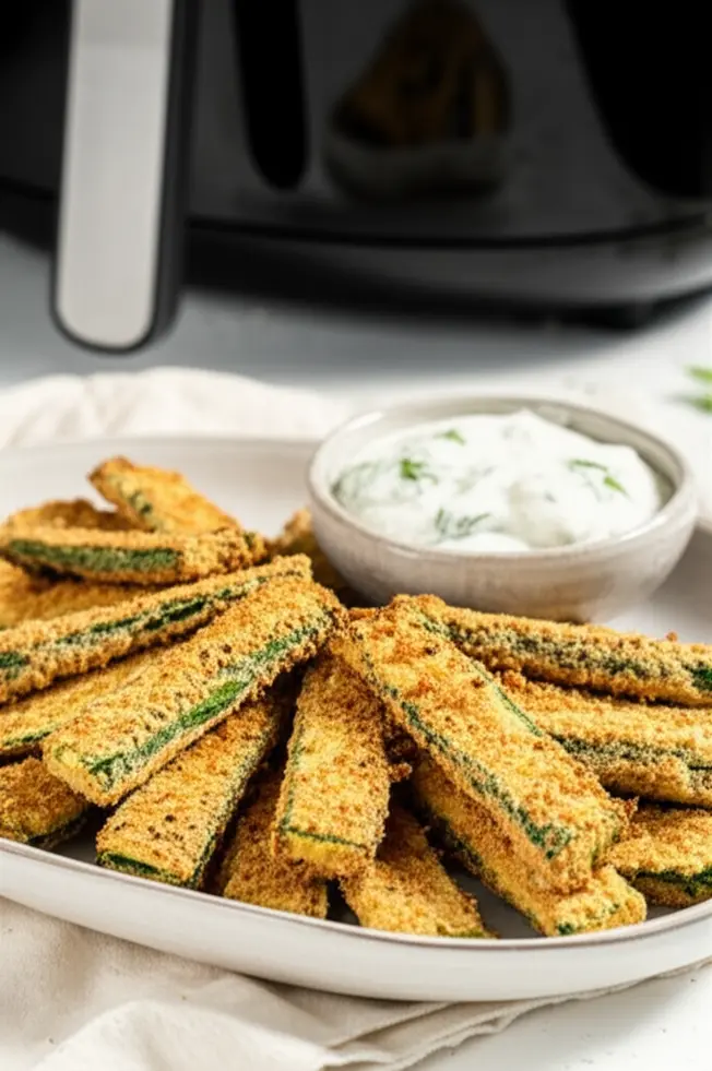Prato com chips de abobrinha crocantes ao lado de um molho de iogurte com ervas, air fryer desfocado ao fundo.