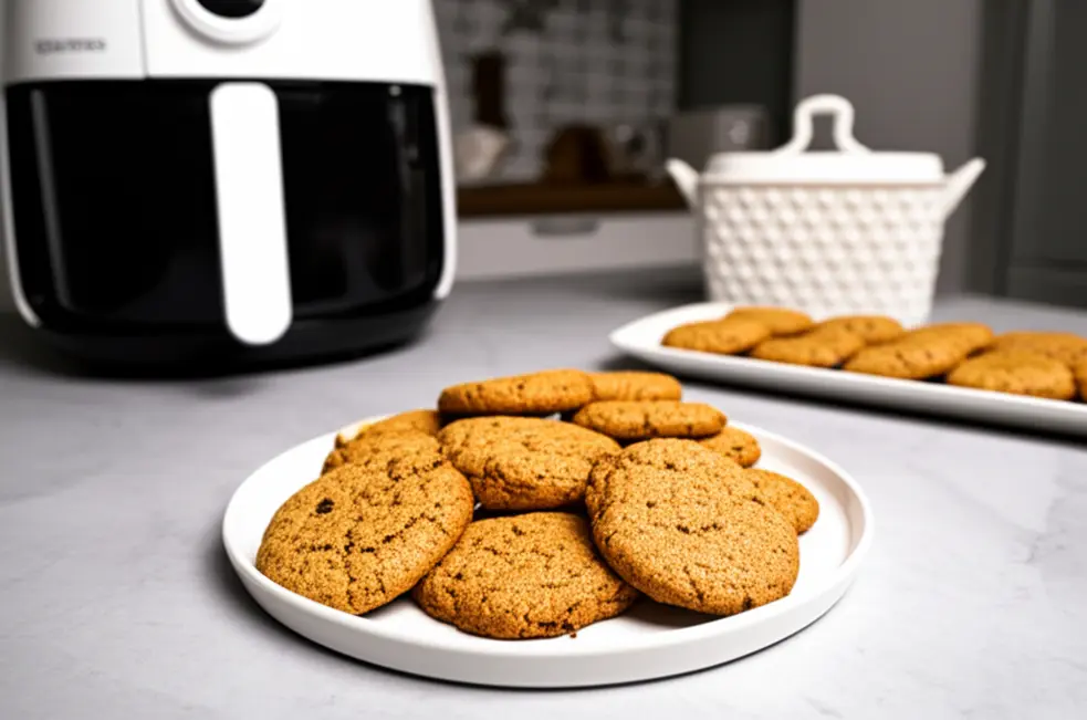 Cozinha aconchegante com Airfryer e um prato de cookies saudáveis recém-assados