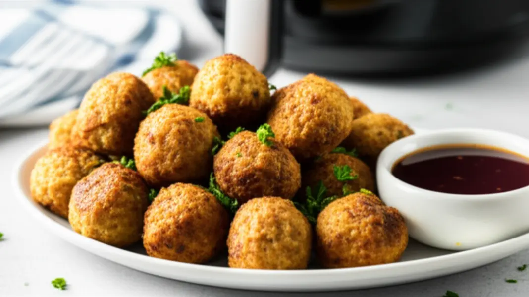 Bolinhos de linguiça dourados em um prato com molho e ervas, com a airfryer ao fundo.