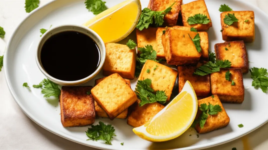 Prato com cubos de tofu frito dourados, ervas frescas e molhinho ao lado