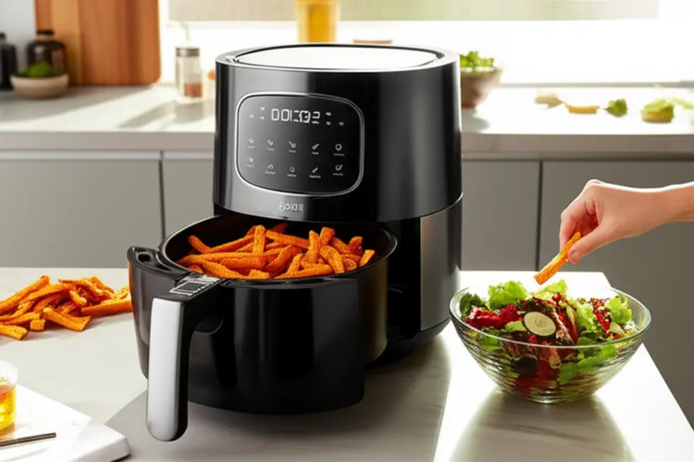 Airfryer aberta com batata doce crocante no cesto e salada ao lado, mostrando refeição saudável