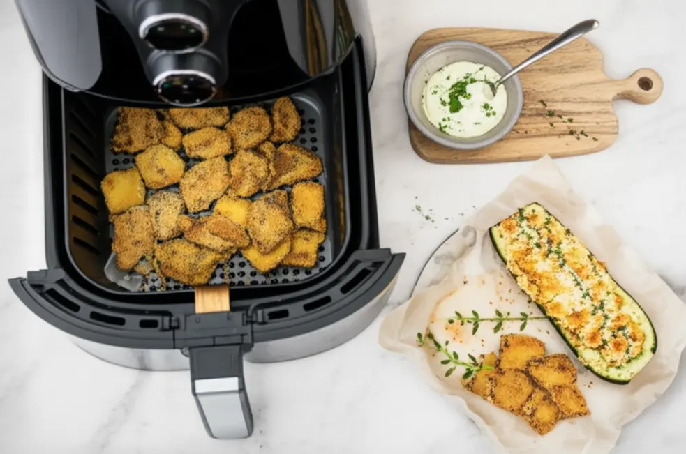 Cesta de Airfryer com chips de abobrinha dourados, prato com abobrinha recheada e molhinho ao lado.