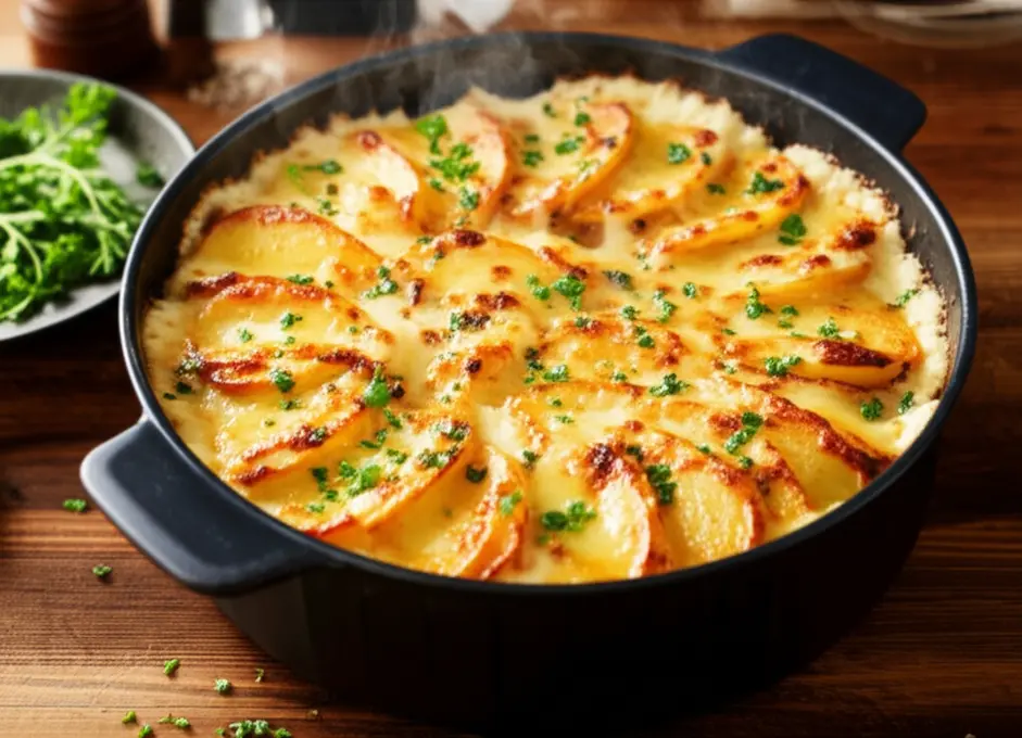 Refratário com batata gratinada com queijo dourado saindo da Airfryer, decorado com ervas.