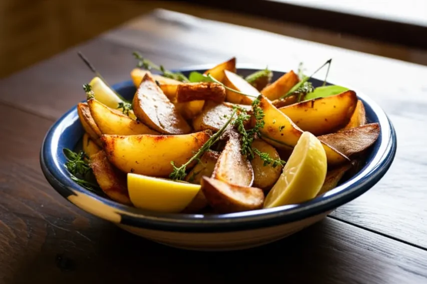 Tigela de batatas rústicas douradas com ervas e rodelas de limão sobre mesa de madeira.