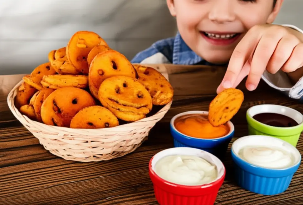 Bandeja com batatas sorriso crocantes saindo da Airfryer, com tigelas de molhos e criança ao fundo.