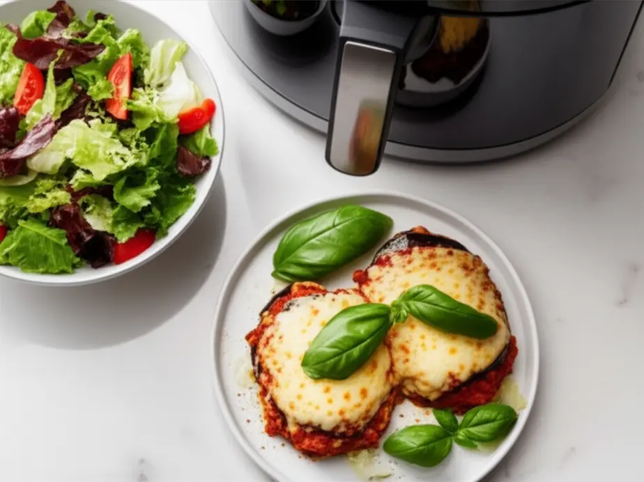 Prato principal de berinjela à parmegiana com queijo dourado, manjericão e salada ao lado.