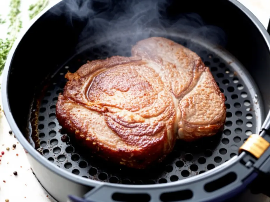 Bife de alcatra com crosta dourada dentro da cesta de uma air fryer, pronto para servir.