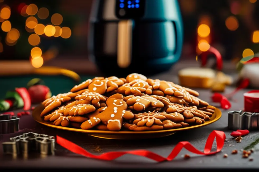 Prato com biscoitos de gengibre ao lado de uma Airfryer em uma cozinha decorada para o Natal.