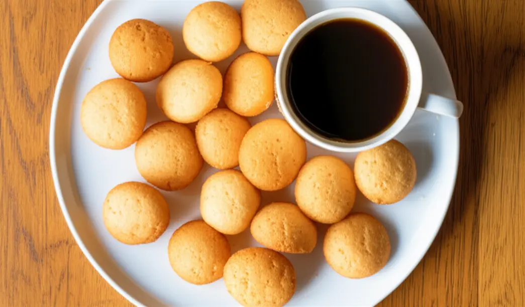 Prato com biscoitos de polvilho dourados ao lado de uma xícara de café sobre mesa de madeira.