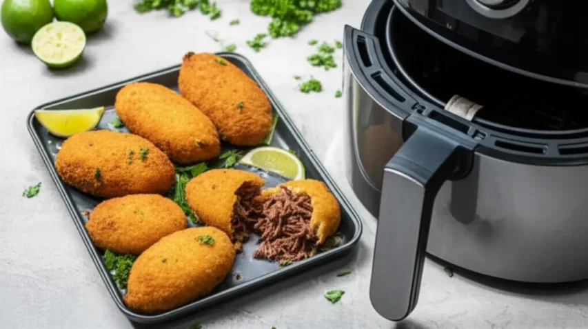 Bandeja com bolinhos de mandioca com carne seca ao lado de uma Airfryer aberta em bancada de cozinha.
