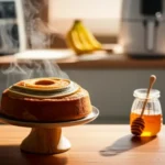 Bolo de banana em destaque sobre mesa de cozinha com Airfryer ao fundo