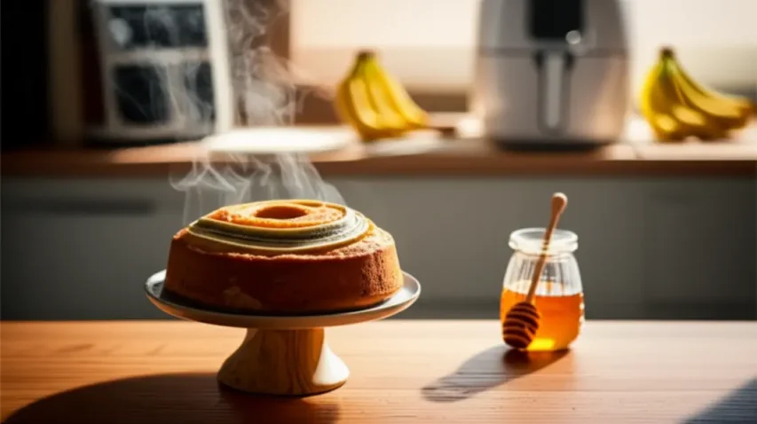 Bolo de banana em destaque sobre mesa de cozinha com Airfryer ao fundo