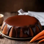 Bolo de cenoura com cobertura de chocolate em mesa de madeira, acompanhado de cenouras frescas e cafe