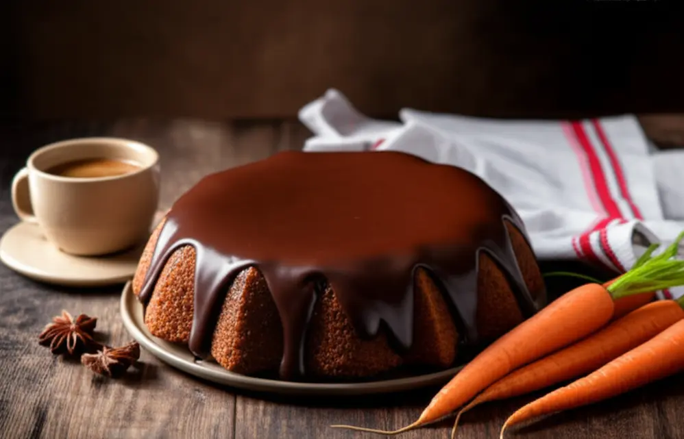 Bolo de cenoura com cobertura de chocolate em mesa de madeira, acompanhado de cenouras frescas e cafe