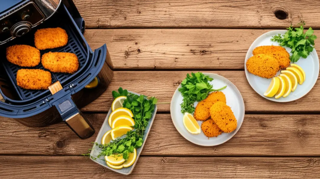 Mesa rústica com airfryer aberta exibindo bolinhos de frango low carb dourados e ervas