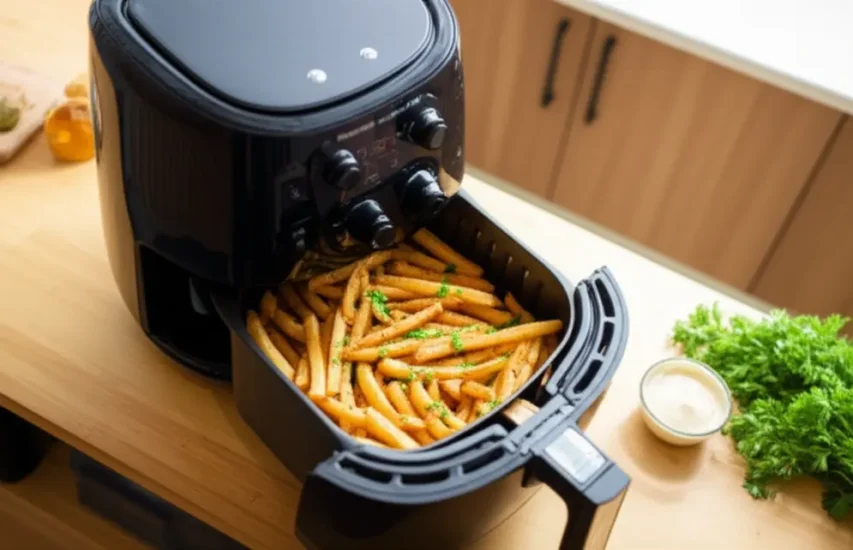 Airfryer aberta exibindo batatas fritas douradas e crocantes com um pote de molho ao lado sobre bancada.