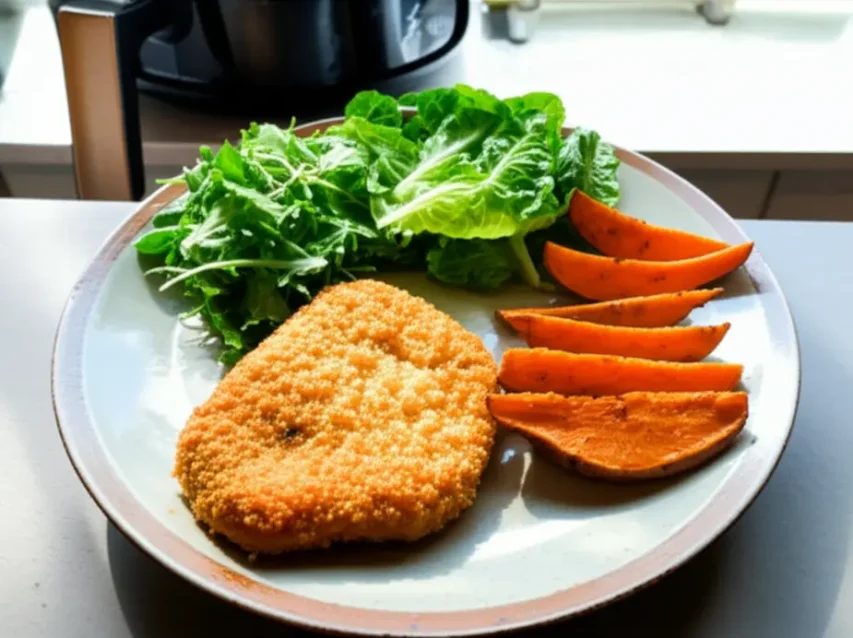 Bife à milanesa dourado em um prato com salada verde e batata-doce, com air fryer ao fundo