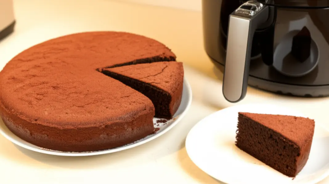 Bolo de chocolate ao lado de uma Airfryer em bancada de cozinha, com fatia mostrando interior macio.
